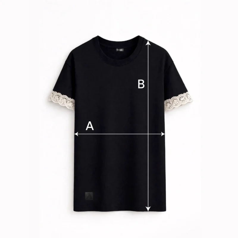 Guía de tallas de camiseta oversize para mujer con puntilla en las mangas marca Faaia.