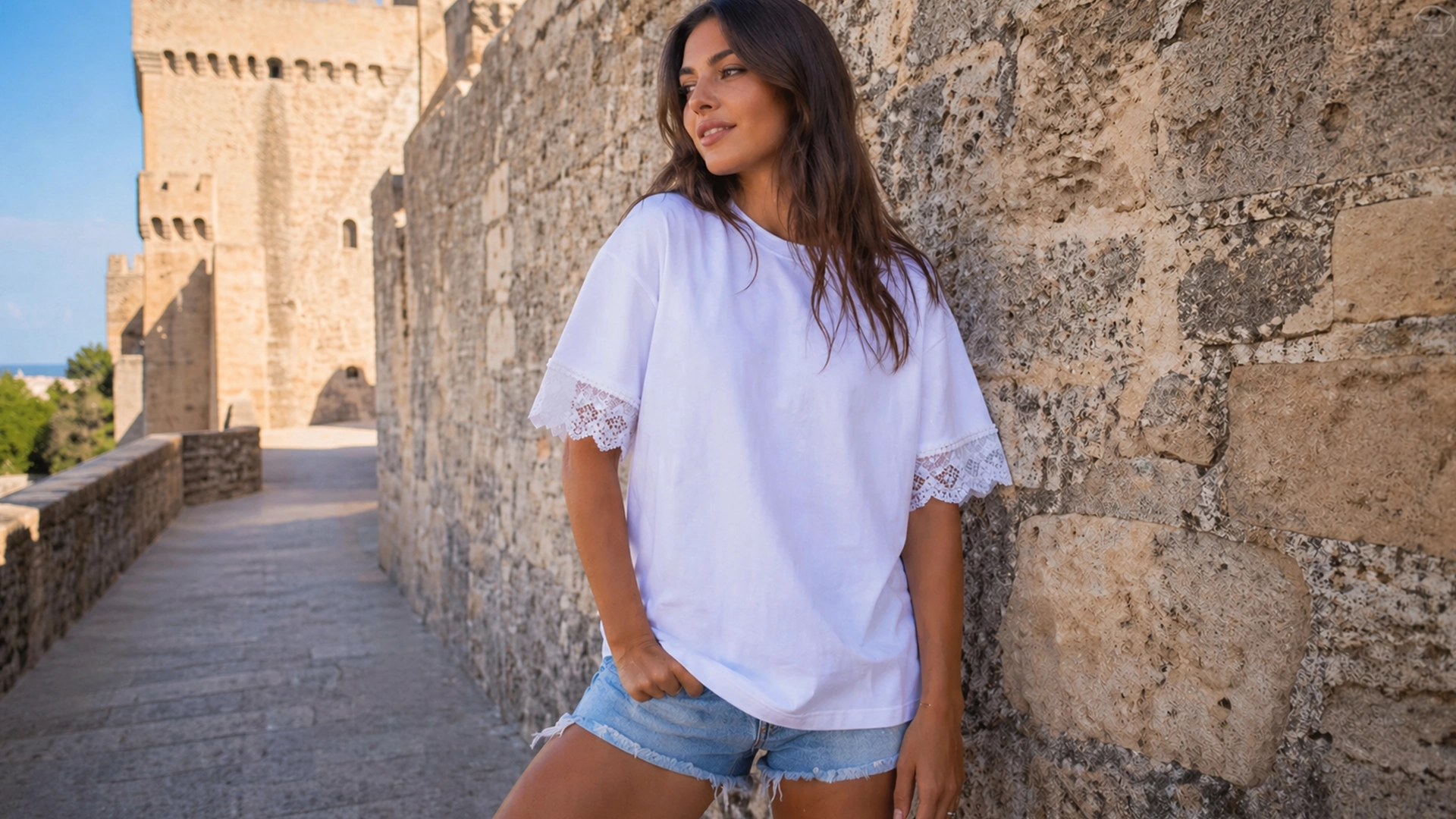 Mujer joven posando con una camiseta de la marca Faaia de color blanco con corte oversize con un detalle de puntilla insertado en las mangas.