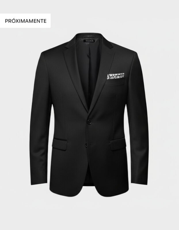 Blazer negro de corte moderno para hombre con un pañuelo de bolsillo confeccionado con auténtica tela fallera valenciana