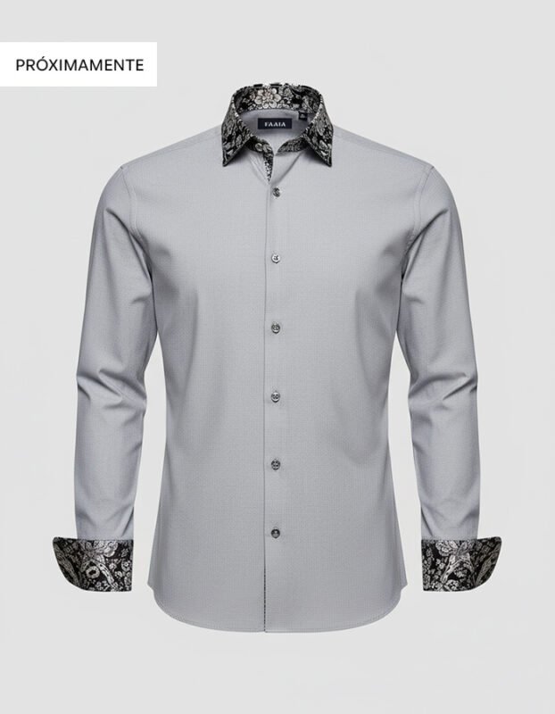 Camisa gris de manga larga para hombre con un microestampado geométrico y el cuello y puños forrados con tela fallera de diseño