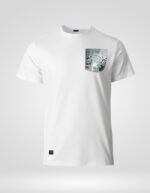 Camiseta blanca de algodón orgánico faaia con un bolsillo de tela fallera en tonos verdes