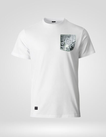 Camiseta blanca de algodón orgánico faaia con un bolsillo de tela fallera en tonos verdes