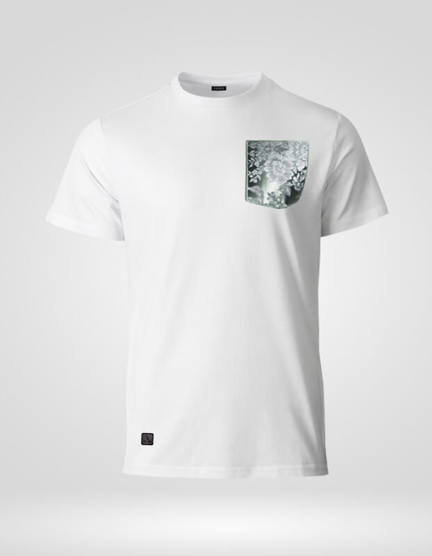 Camiseta blanca de algodón orgánico faaia con un bolsillo de tela fallera en tonos verdes