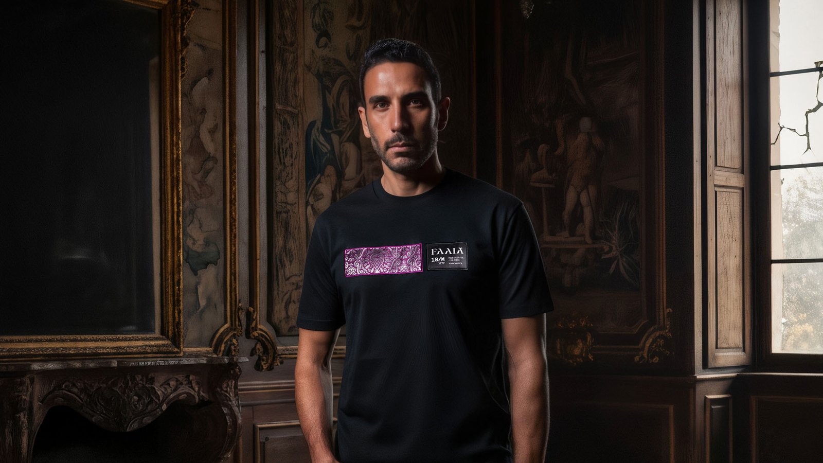 Hombre con la camiseta negra faaia de diseño con tela fallera auténtica fucsia y plata, en una sala clásica con marcos de cuadros dorados