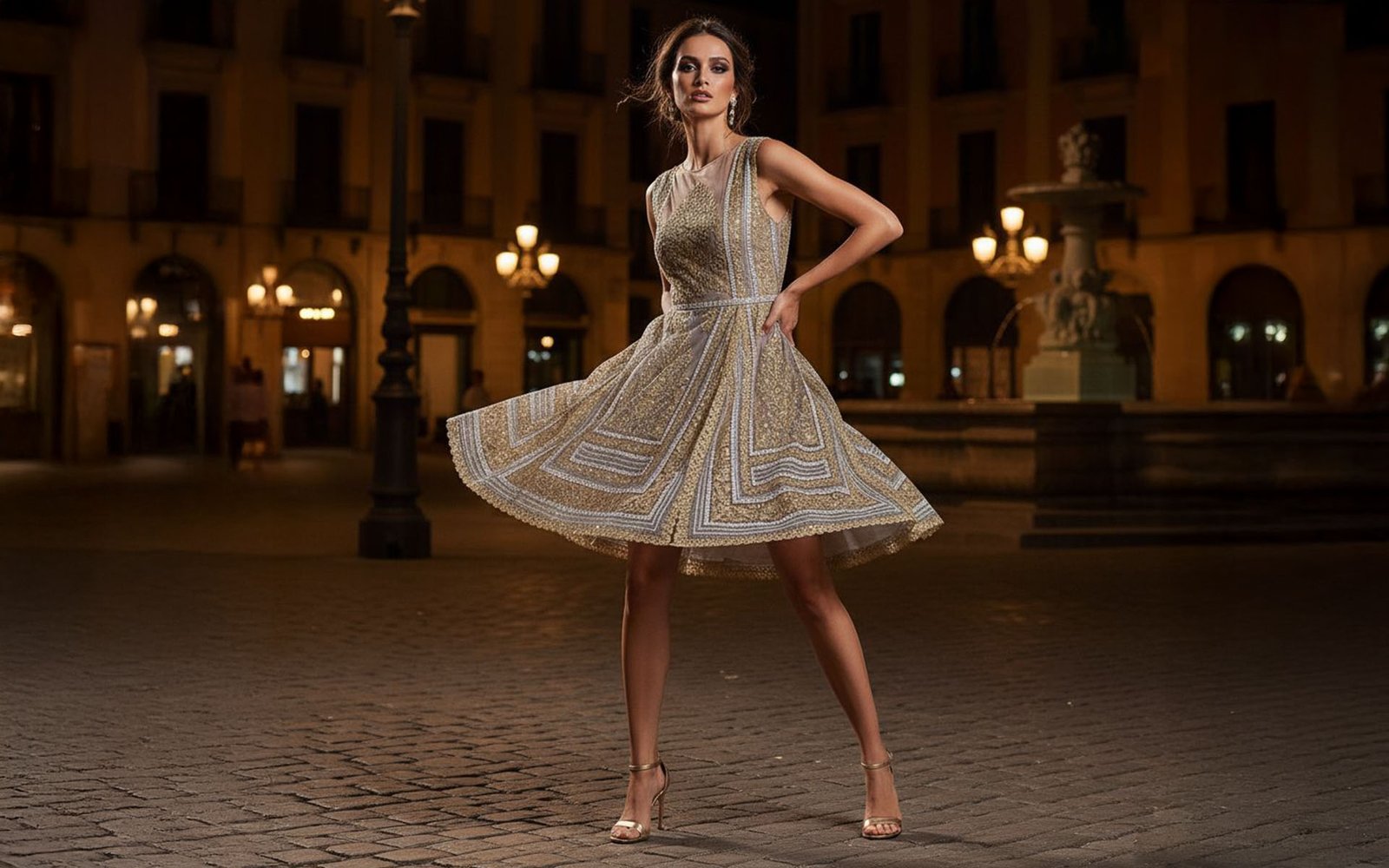 Modelo mujer joven morena con un vestido de fiesta de manteleta fallera valenciana Faaia