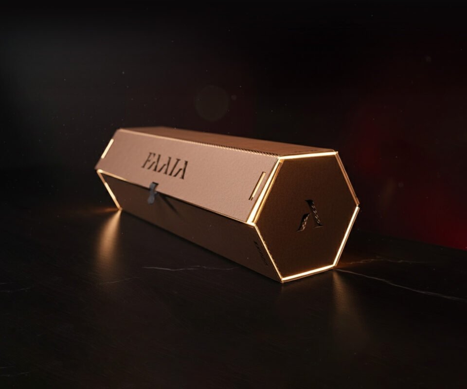 El estuche experiencial Faaia es una caja exagonal de cartón premium con textura efecto madera que emite luz