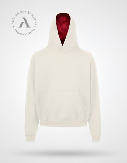 Sudadera Faaia en blanco roto con capucha forrada en damasco de seda rojo, vista frontal.