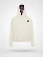 Vista frontal de la sudadera Faaia blanco coco con capucha forrada en damasco marrón y rosa.