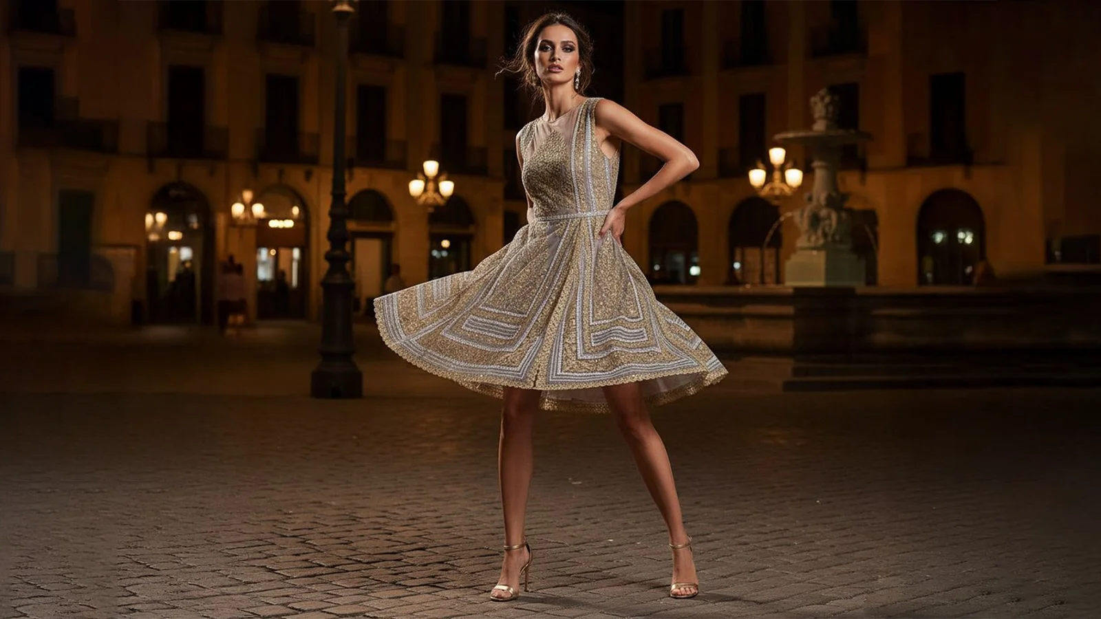Mujer modelo joven posando con un vestido de la marca Faaia hecho con manteleta exclusiva de traje fallera.