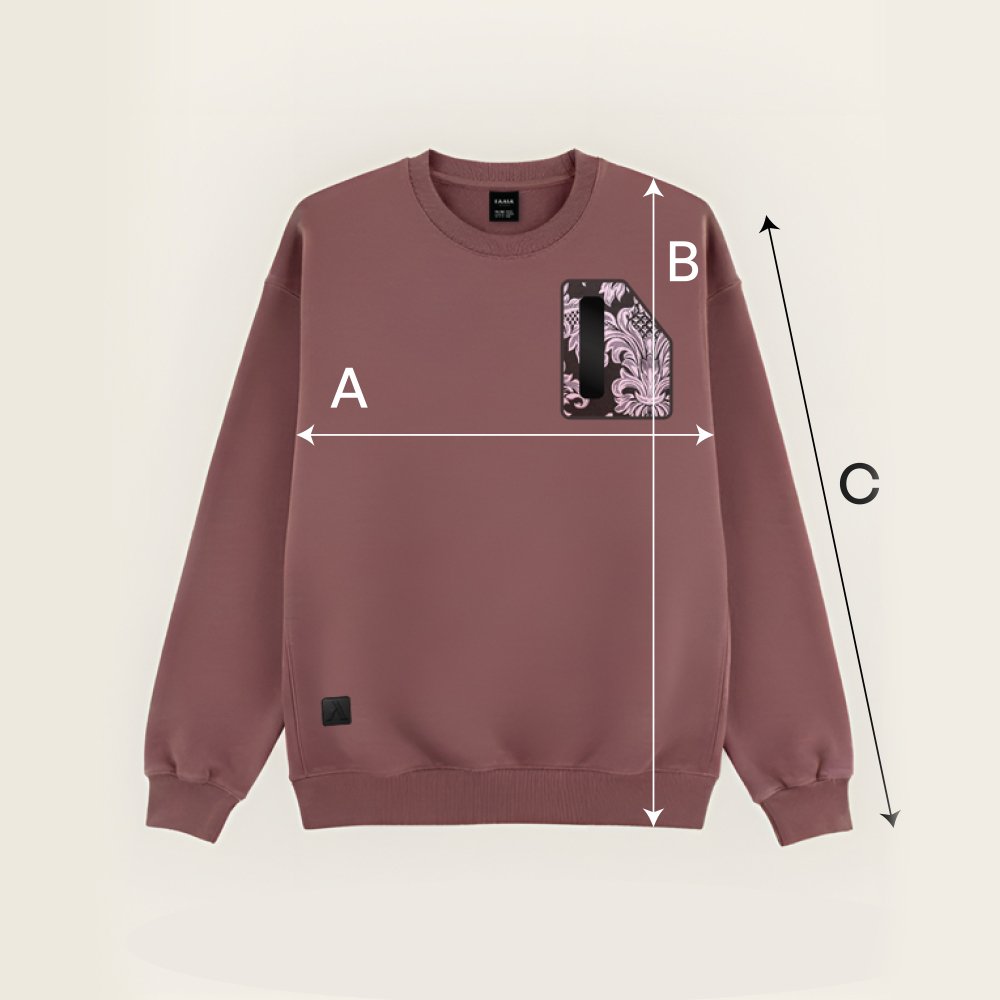 Referencias para elegir talla de sudadera faaia color burdeos con damasco en la capucha.