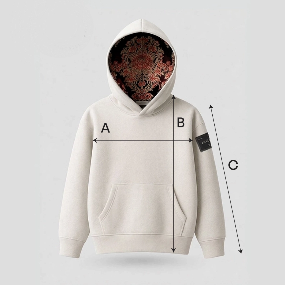 Guía de tallas sudadera gris claro con brocatel burdeos marca Faaia moda.