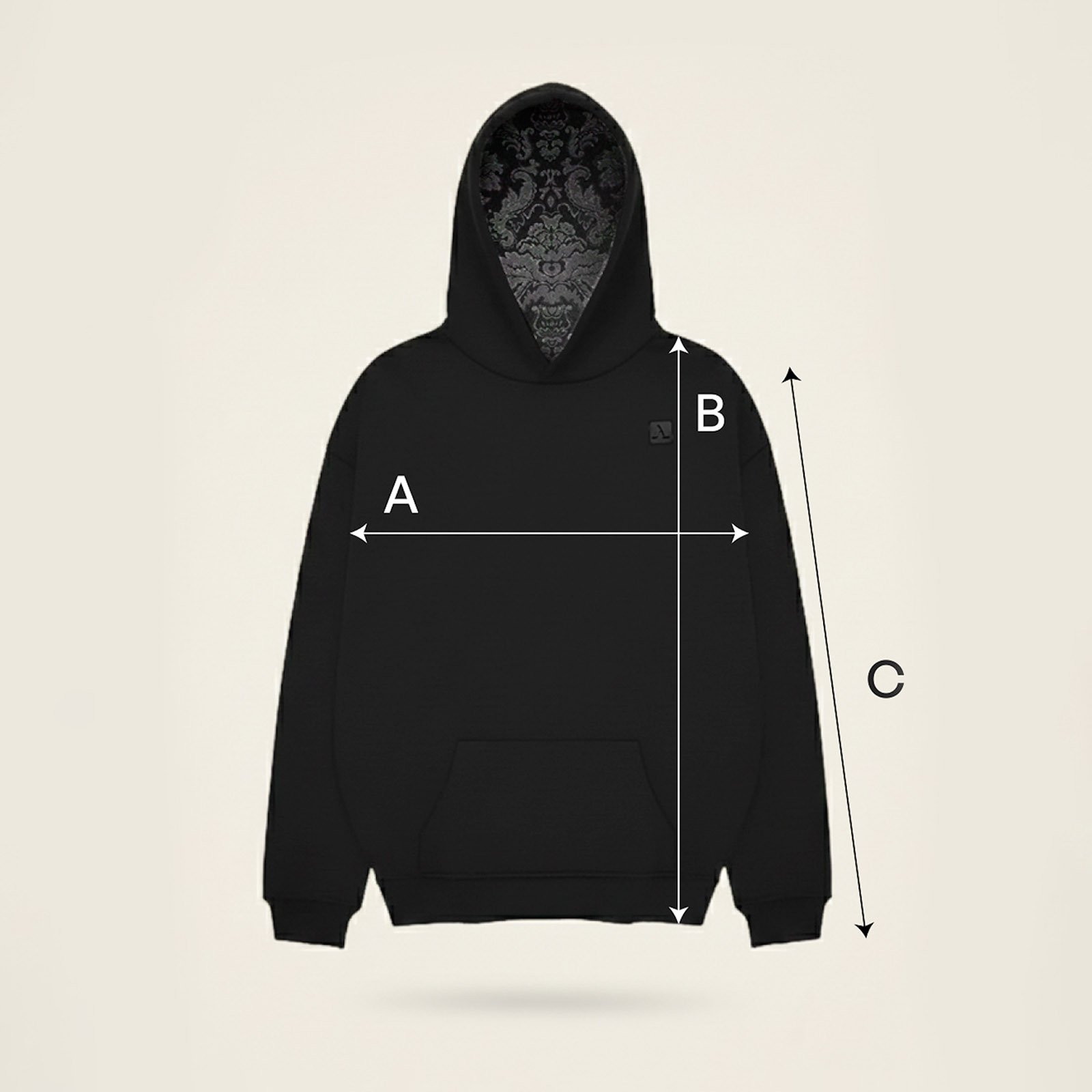 Guia tallas sudadera oversize negra con capucha de damasco negro tono sobre tono Faaia