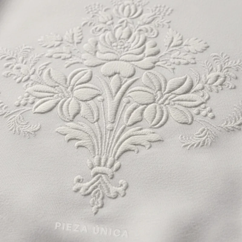 Zoom del bordado en blanco del motivo del brocatel Santa Ana en blanco tono sobre tono para sudadera marca Faaia.