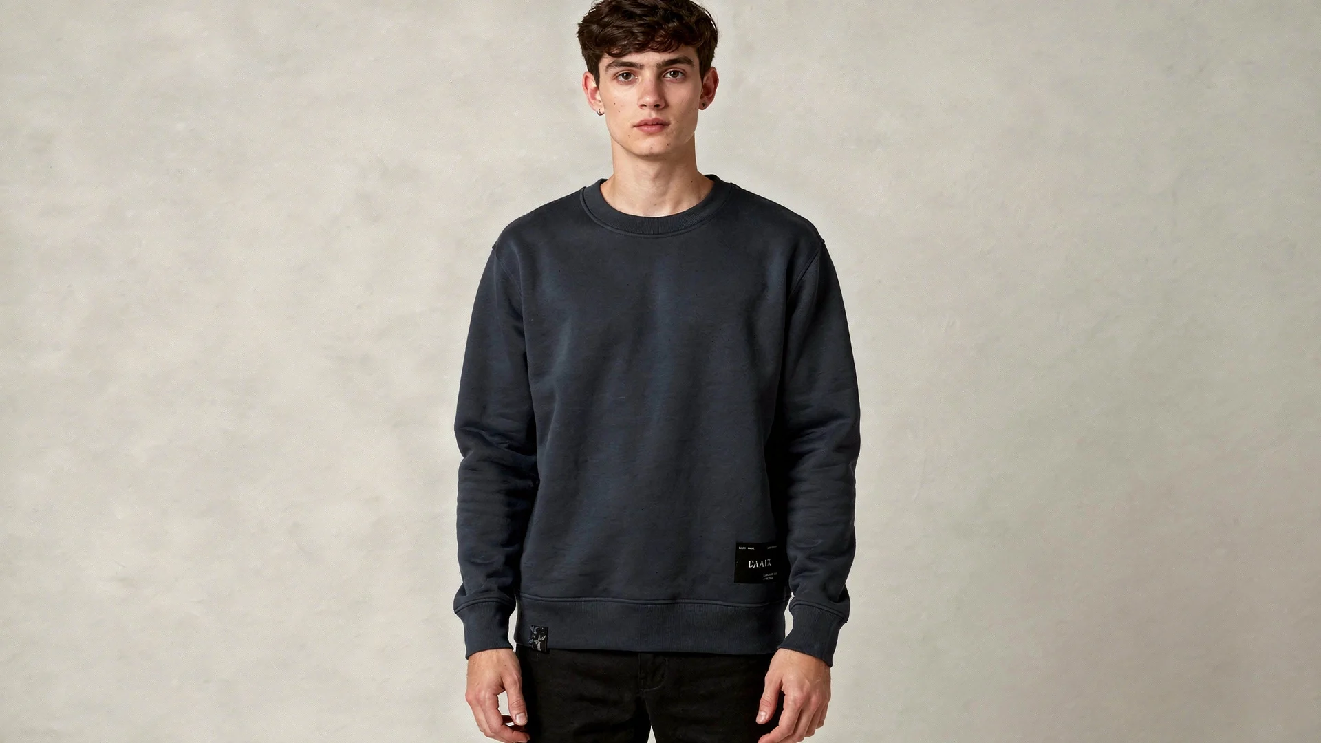 Hombre joven posando mirando a cámara con una sudadera color azul marino marca Faaia