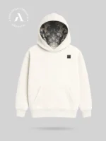 Sudadera marca Faaia blanca en vista frontal con la capucha abierta con un brocatel Santa Ana azul en el interior