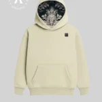 Sudadera Faaia color tierra plano frontal con la capucha forrada con brocatel Santa Ana hecho en Valencia.