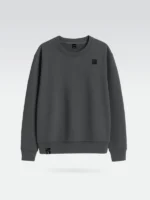 Vista frontal de una sudadera de la marca Faaia en color gris con una etiqueta de caucho y relieve en el pecho.