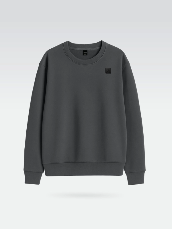 vista frontal de una sudadera de la marca Faaia en color gris con una etiqueta de caucho y relieve en el pecho.