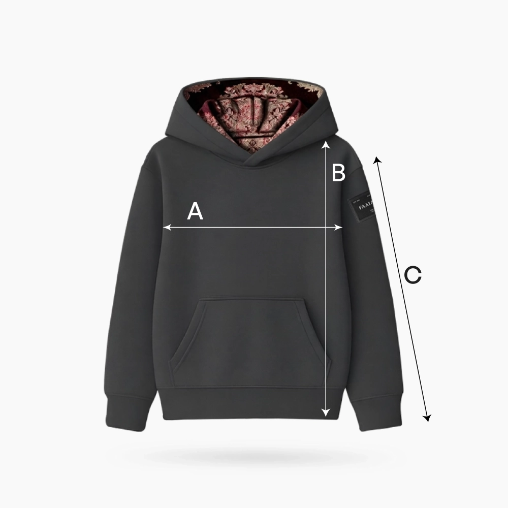 Guía de tallas para la sudadera de la marca Faaia Brocat que inserta un brocatel color granate con hilos rosa y champagne.