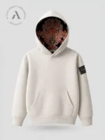 Imagen frontal de sudadera marca Faaia de color gris claro con brocatel burdeos y ornamentación champagne y rosa.