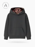 Frontal de la sudadera gris ebony de la marca Faaia con un brocatel en el interior de la capucha de la sudadera.