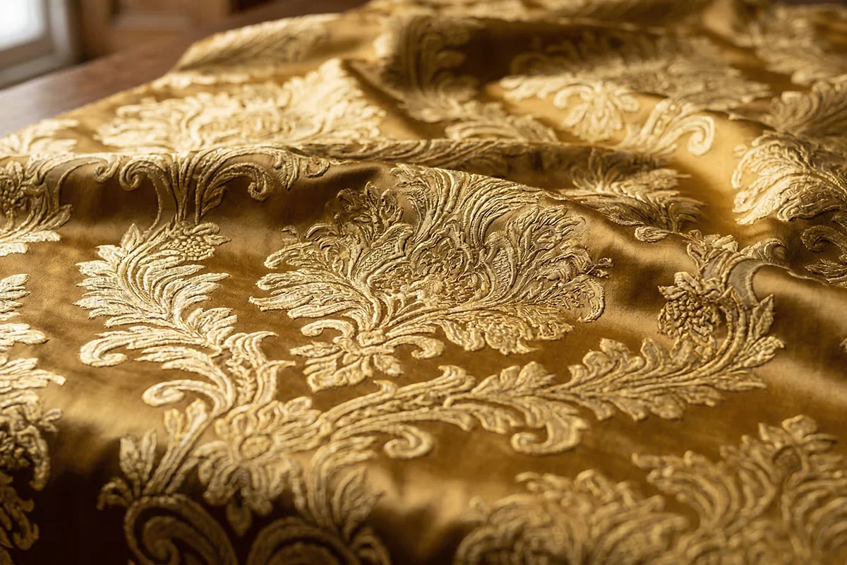 Tela valenciana brocatel antíguo de oro con diferentes tonos.