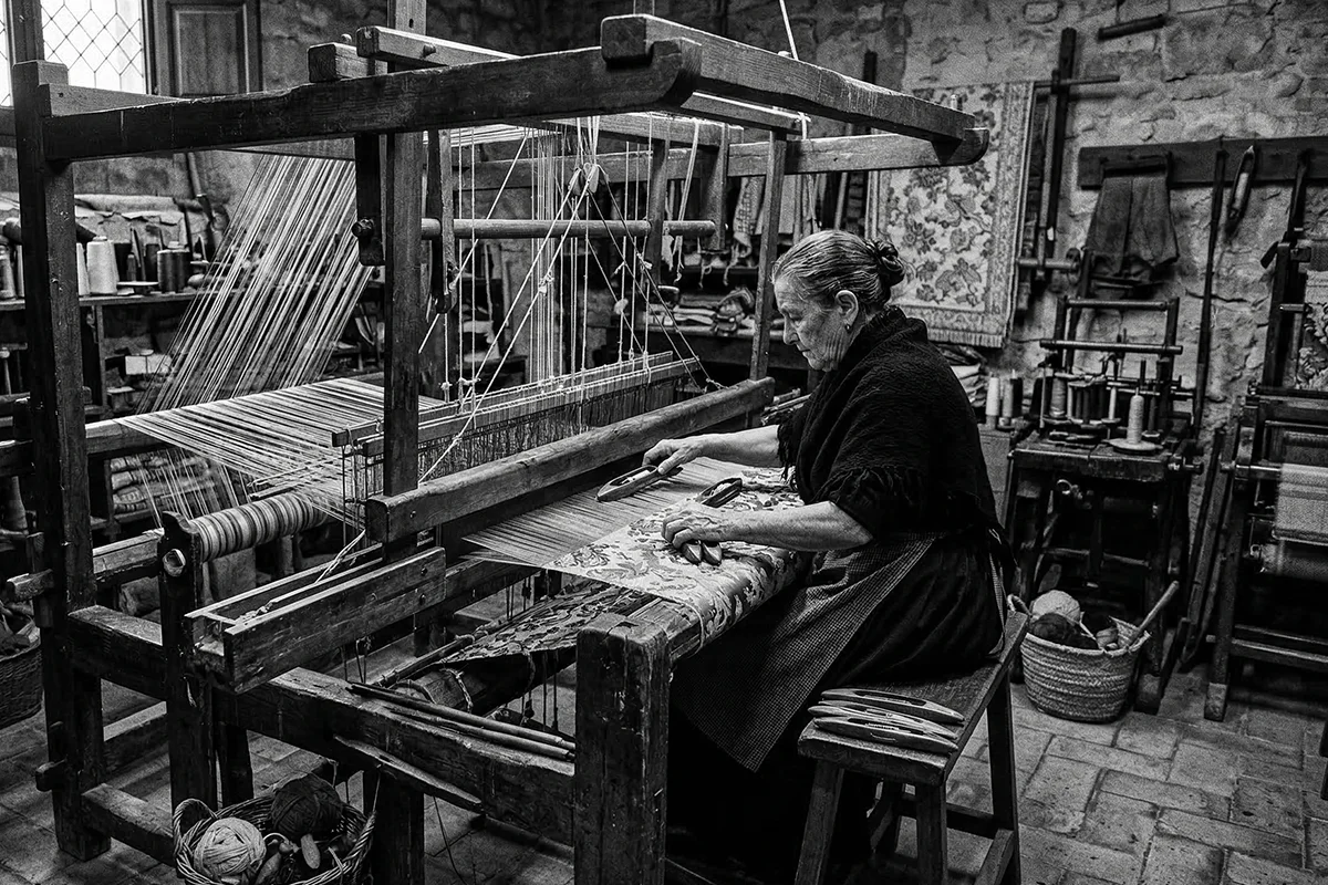 Mujer mayor tejiendo un espolín en un telar tradicional valenciano para la marca de moda Faaia.