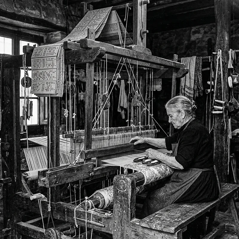 Mujer mayor tejiendo un espolín en un telar tradicional valenciano para la marca de moda Faaia.