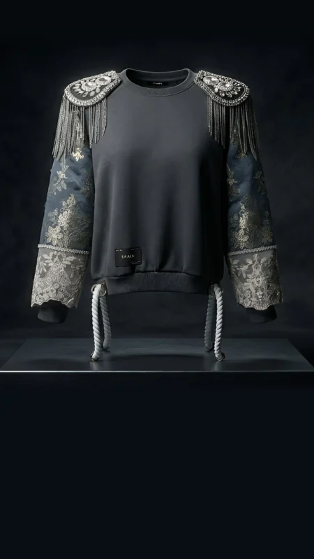 Pieza de ropa con brocatel valenciano, puntilla, charreteras para los hombros y cuerdas laterales creada en exclusiva para la gira de Laura Pausini 2026 de lamarca de ropa Faaia Valencia