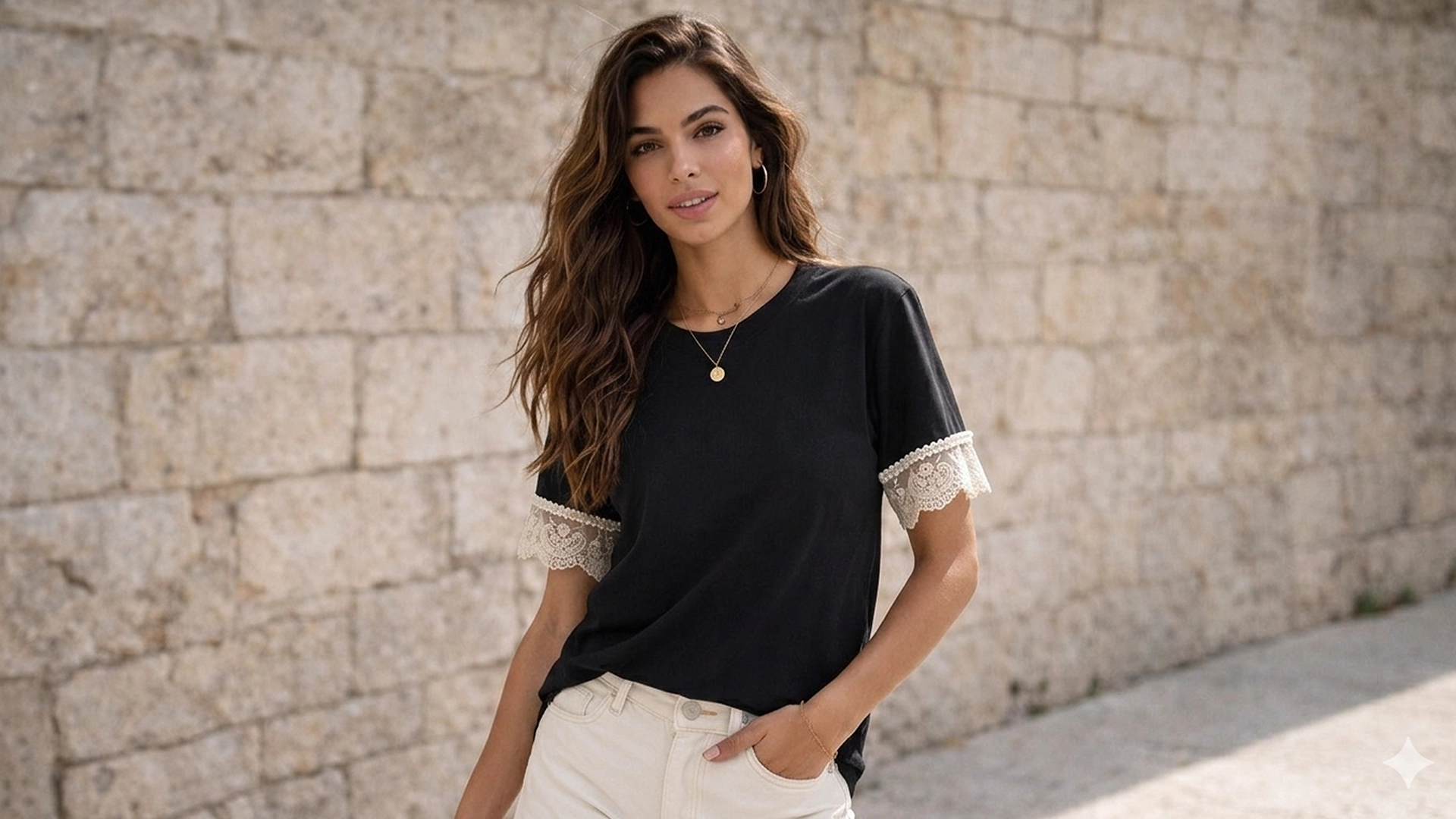 Mujer joven posando con una camiseta de la. marca Faaia de color negro y corte oversize que fusiona puntilla valenciana en las mangas.