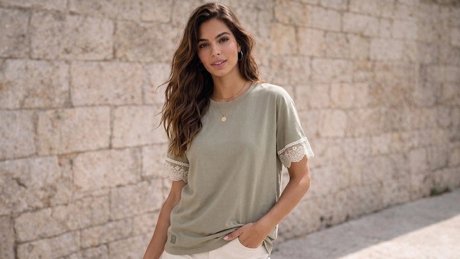 Mujer joven posando con camiseta oversize color tierra con puntilla valenciana en las mangas de la marca Faaia moda.
