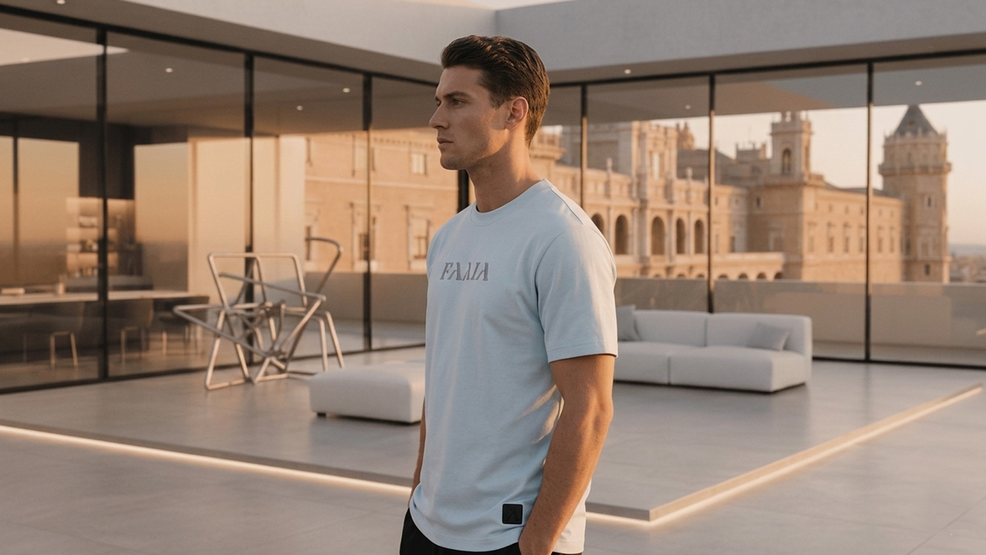 Hombre joven modelo posando con camiseta gris claro marca Faaia con el logo bordado en el pecho.