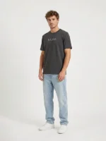 Hombre joven posando con camiseta regular color gris oscuro con el logo de Faaia en el pecho.