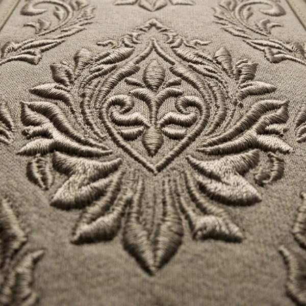 Plano principal zoom de bordado ornamental tono sobre tono color tierra /beige.