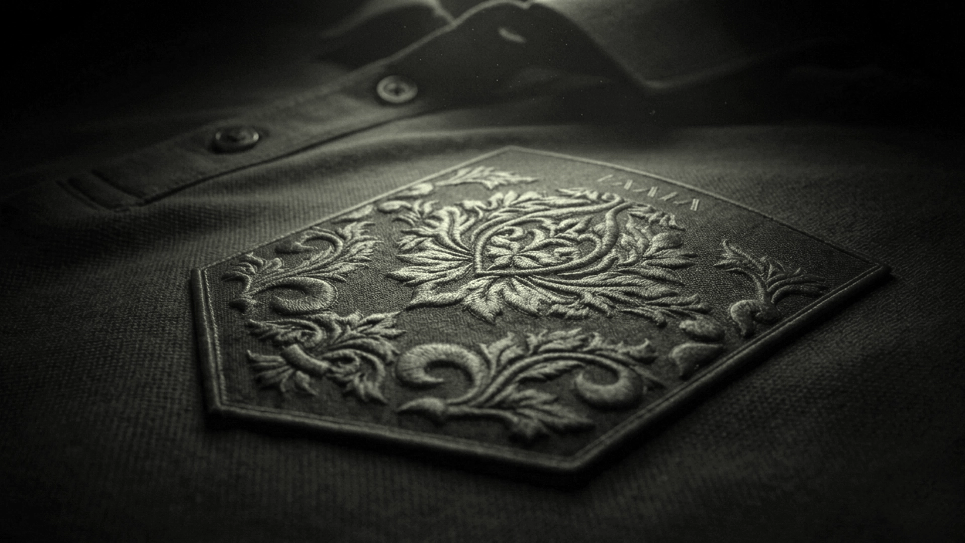 Primer plano de bordado ornamental en color verde militar al tono para polos piqué de la marca Faaia