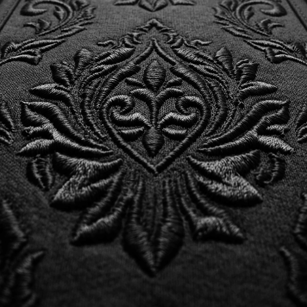 Plano principal de bordado ornamental negro tono sobre tono en pantalón de color negro.