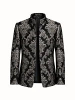 Chaqueta fabricada con brocatel negro y plata tejido en Valencia.