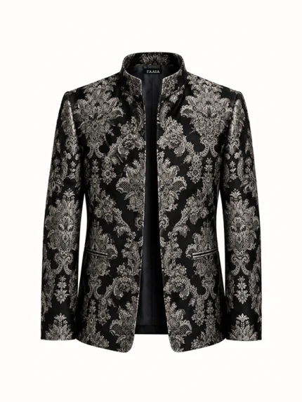 Chaqueta fabricada con brocatel negro y plata tejido en Valencia.