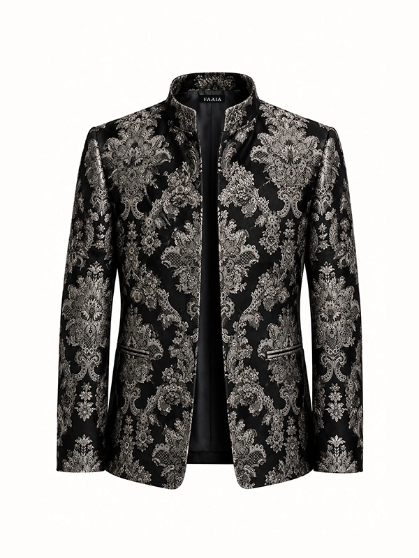 Chaqueta fabricada con brocatel negro y plata tejido en Valencia.