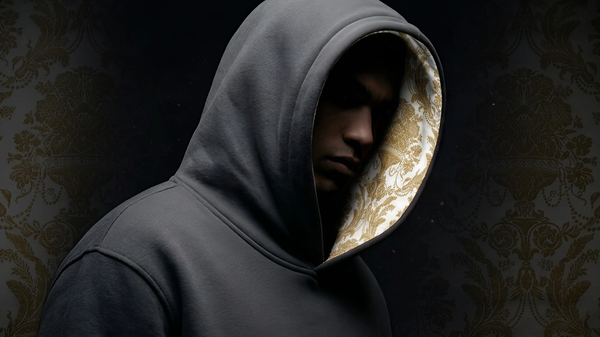 Hombre joven posando con sudadera color gris ebony con la capucha forrada con un damasco blanco con hilo oro.