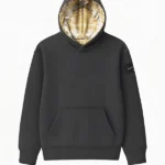 Vista frontal sudadera color gris ebony con la capucha forrada con un damasco blanco con hilo oro tejido en telar valenciano.