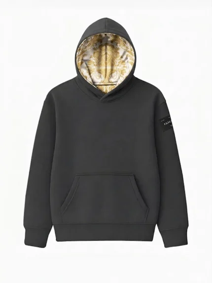Vista frontal sudadera color gris ebony con la capucha forrada con un damasco blanco con hilo oro tejido en telar valenciano.