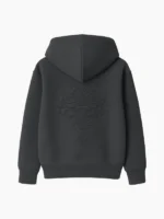 Vista trasera de una sudadera color gris ebony con un bordado ornamental en la espalda tono sobre tono.