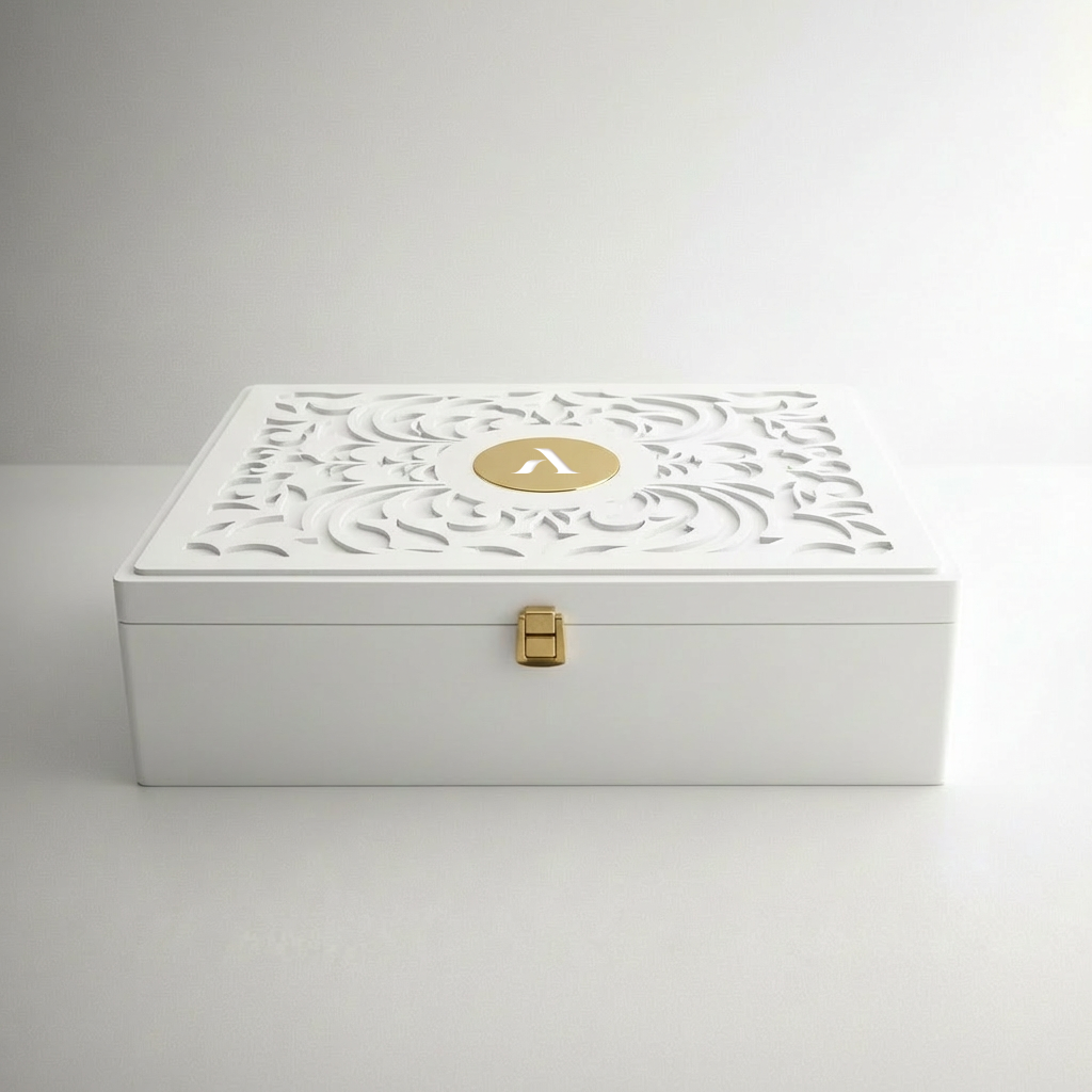 Estuche de madera para guardar las piezas de ropa única de la marca Faaia Valencia