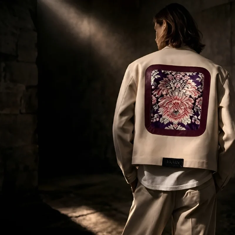 Hombre joven posando con una chaqueta de color beige que lleva un brocatel valenciano dentro de un marco de cuero.