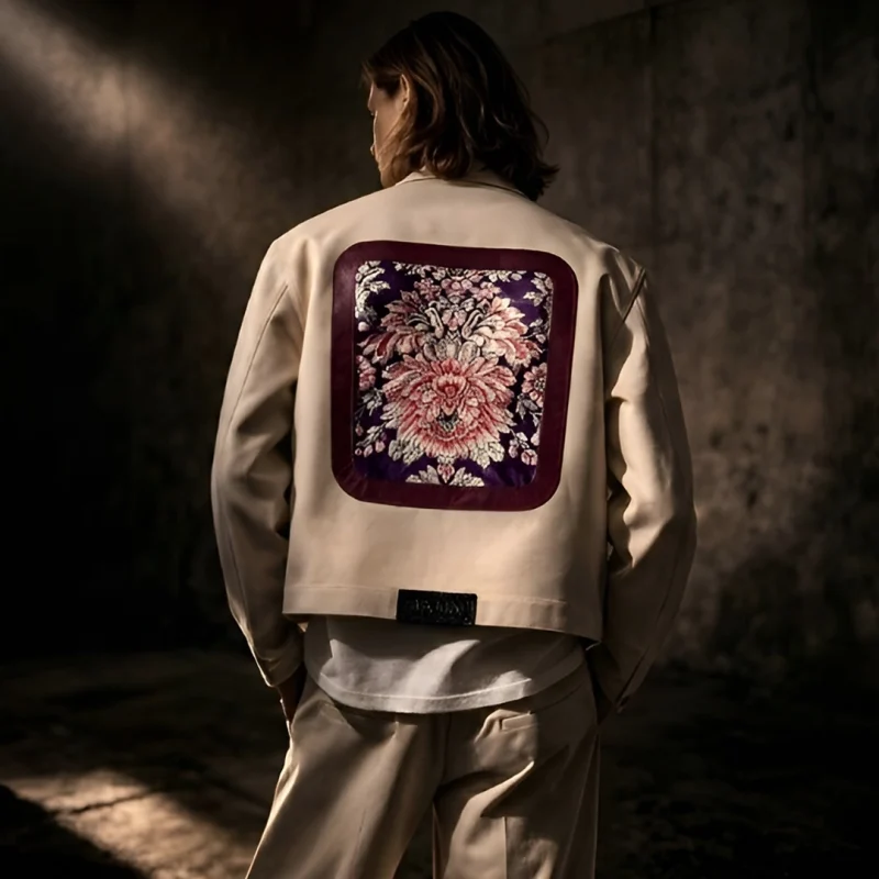 hombre joven posando con una chaqueta de color beige que lleva un brocatel valenciano dentro de un marco de cuero.