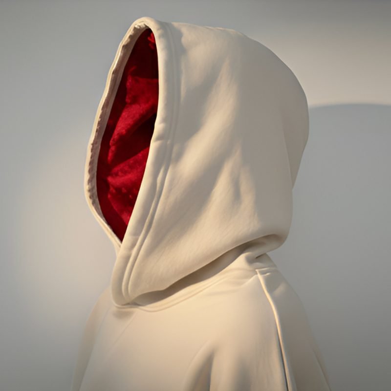 Sudadera marca Faaia color blanco roto con tela de seda damasco rojo en la capucha.