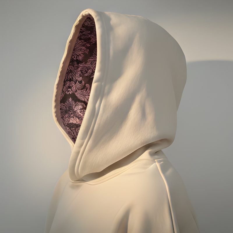 Sudadera de perfil con la capucha abierta con forro interior en tela damasco marrón con ornamentación rosa.