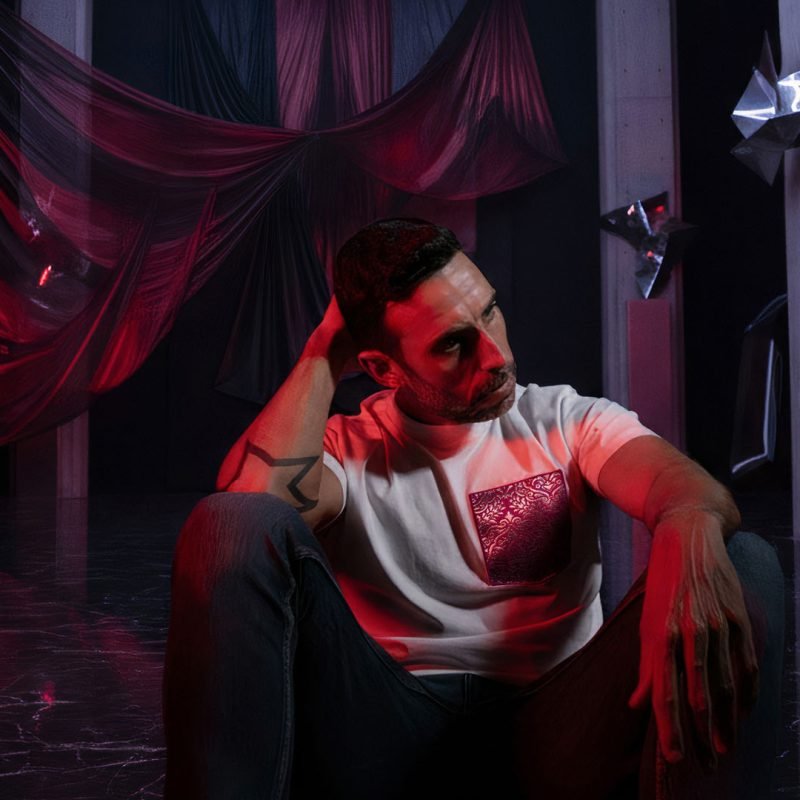 Hombre sentado en un sillón de estilo trono con la camiseta blanca faaia, en un ambiente dramático con telas y luces rojas