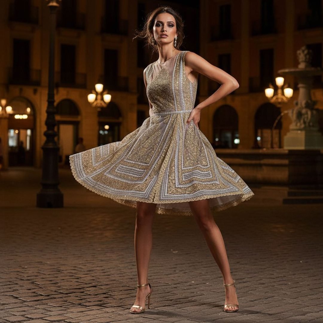 Modelo mujer joven morena con un vestido de fiesta de manteleta fallera valenciana Faaia